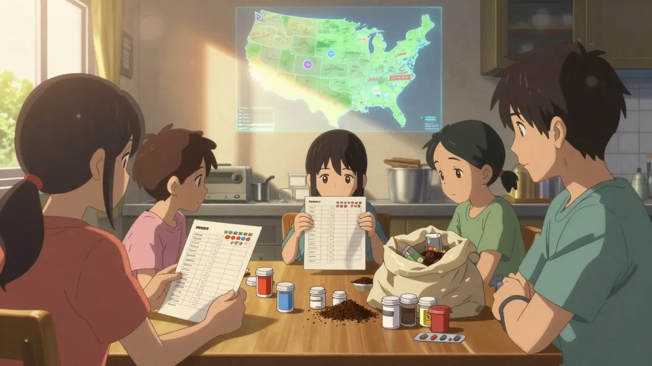 Family reviewing medication tracker with sealed pills ready for safe disposal.