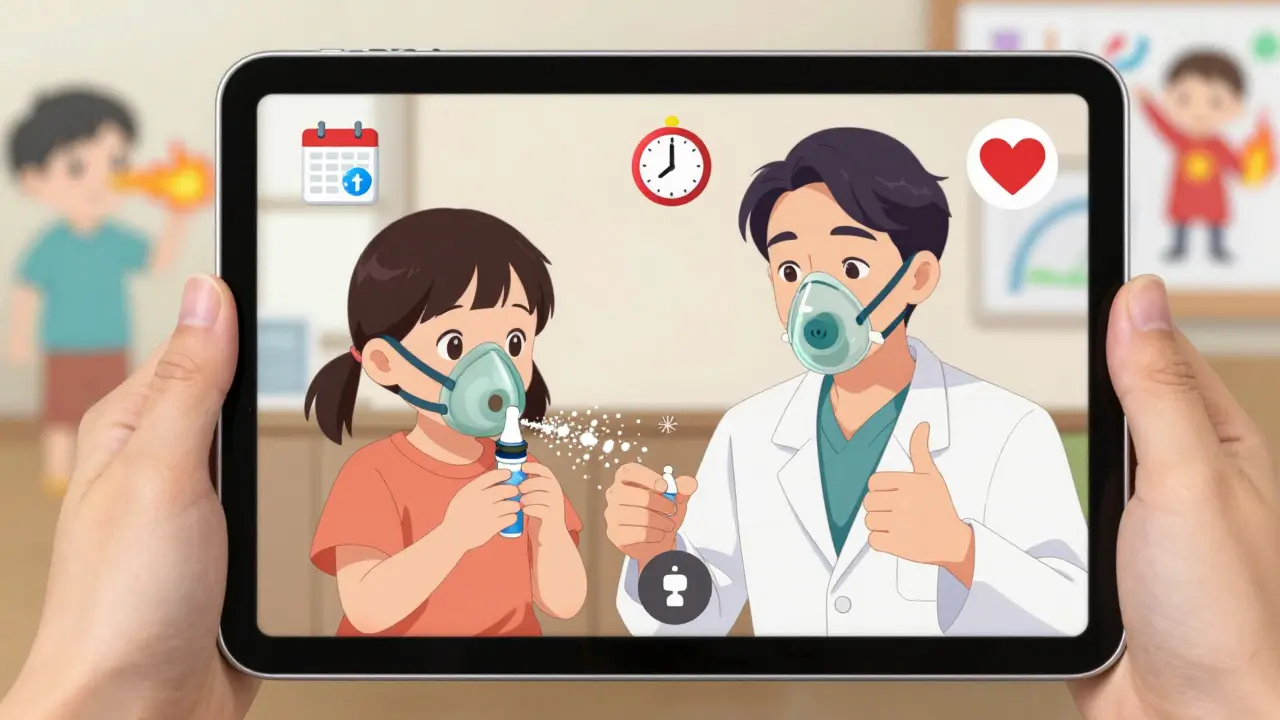 Family video call with a doctor reviewing correct asthma inhaler technique on a tablet screen.