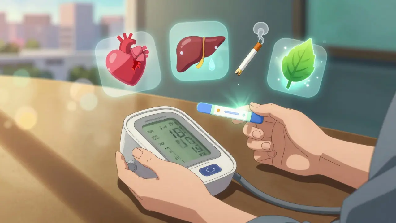 Hands holding a blood pressure monitor and urine test, surrounded by floating icons of diabetes, hypertension, and healthy foods.