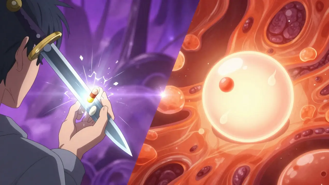 Ibuprofen shattering an inflamed enzyme vs. acetaminophen's subtle glow in a split-panel battle.