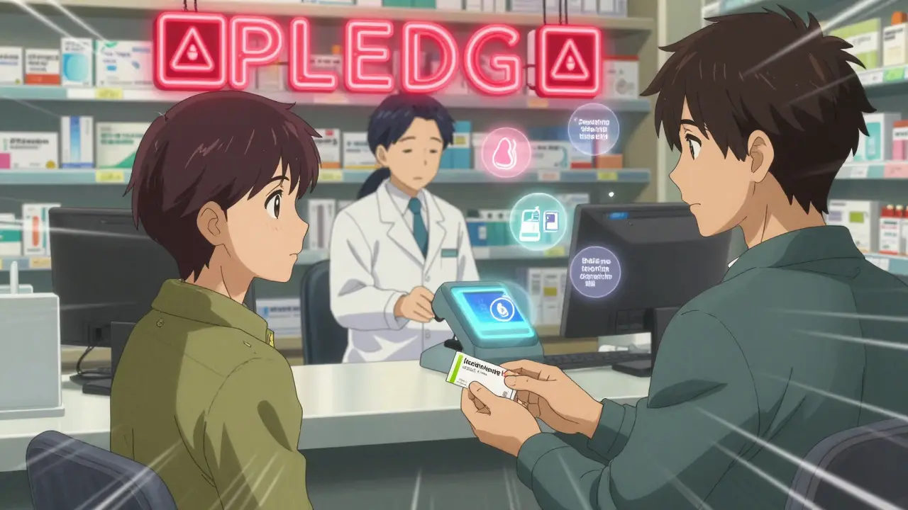 Male patient receiving isotretinoin prescription at pharmacy with floating compliance icons.