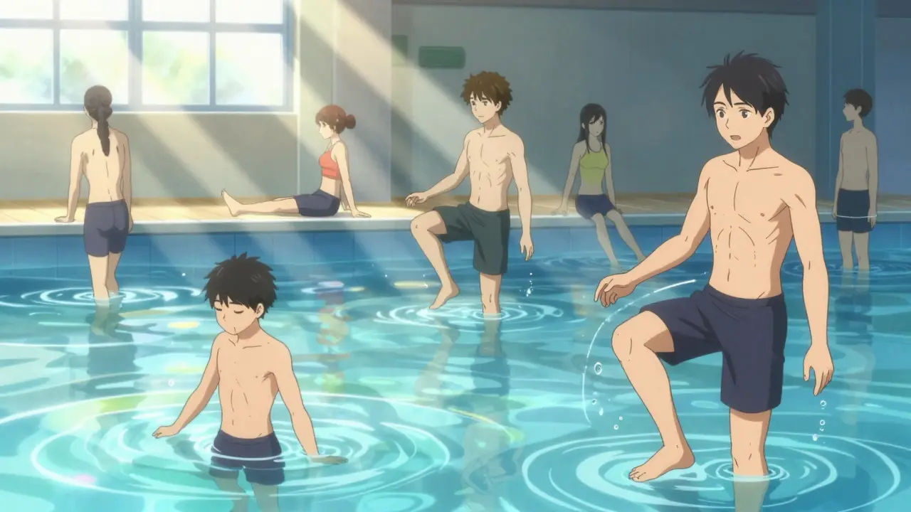 People exercising gently in water, sunlight refracting through droplets as they rebuild knee strength.