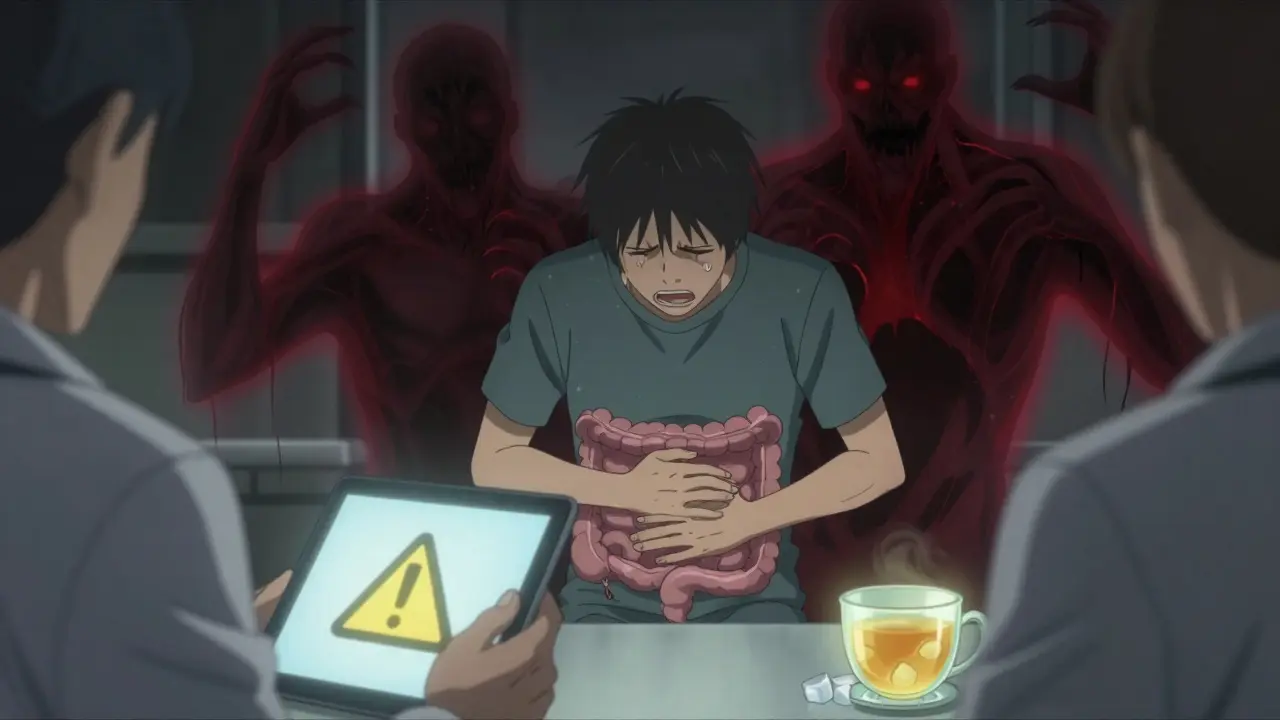 Person in pain with shadowy medical threats behind them, doctor reaching out as ginger tea glows nearby.