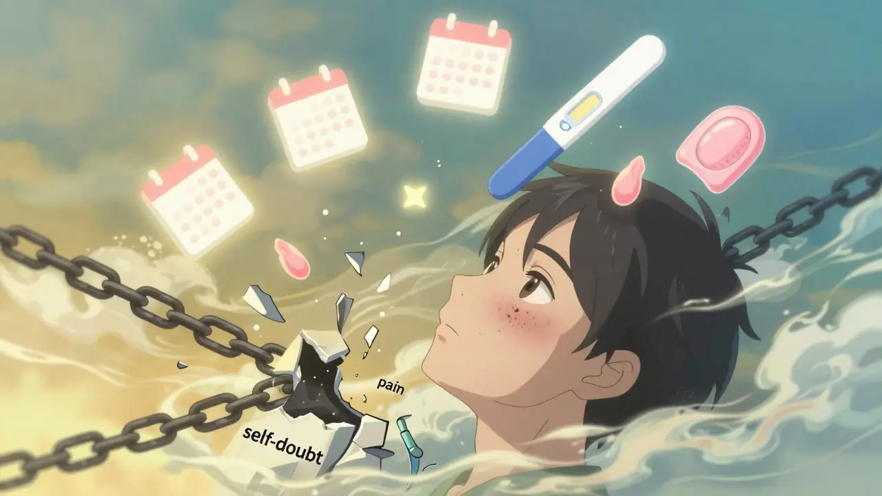 Person’s face transforming from acne-scarred to clear, surrounded by dissolving symbols of treatment requirements.