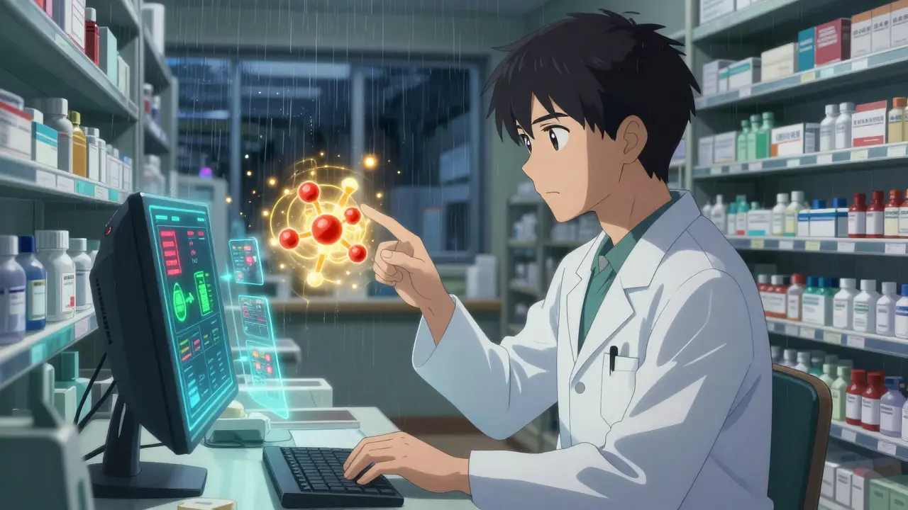 Pharmacist and technician collaborating in pharmacy with holographic medication data and glowing substitution recommendations.