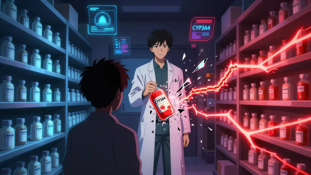 Pharmacist between safe and dangerous drugs, grapefruit juice shattering into glass shards with glowing enzyme chains snapping.