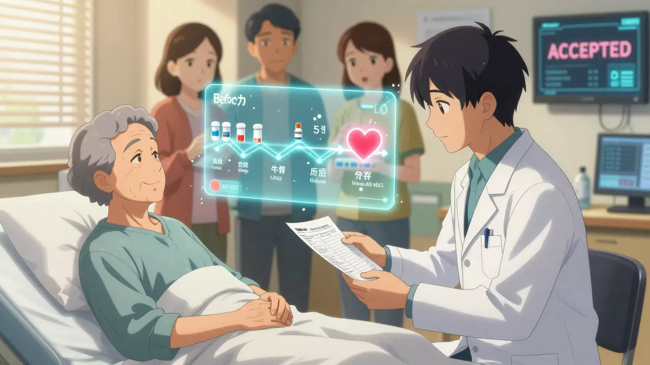 Pharmacist explaining medication changes to elderly patient at bedside, with before-and-after drug timeline glowing above.