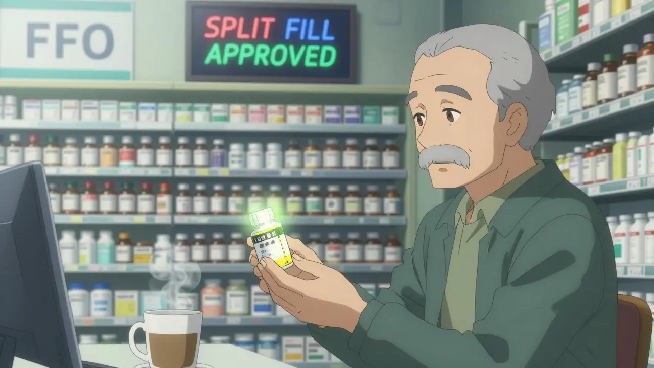 Pharmacist handing a small 14-day prescription to an elderly patient.