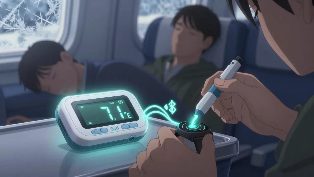 Smart insulin case glowing with temperature readout beside CGM on wrist.