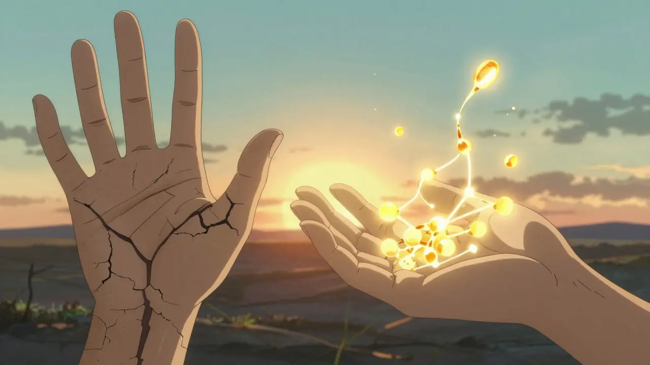 Split image: damaged skin on left, healing with golden ceramide repair light on right.