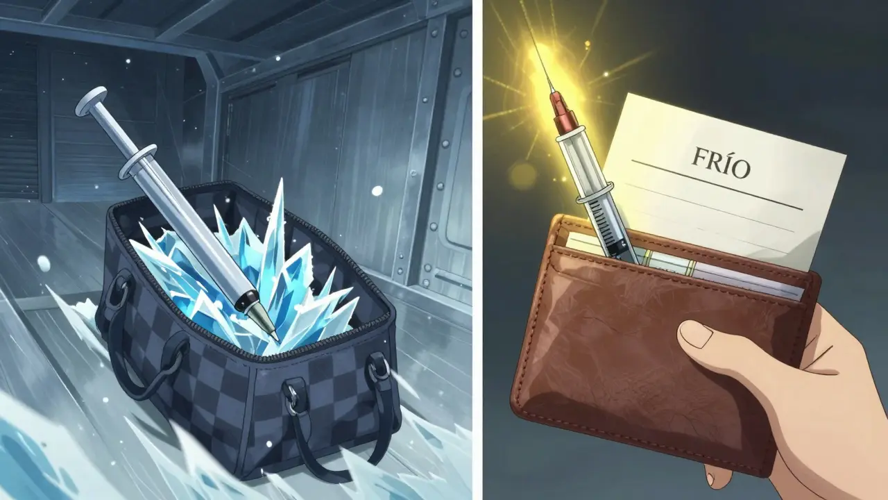 Split scene: frozen insulin in cargo vs. safe insulin with doctor's letter.