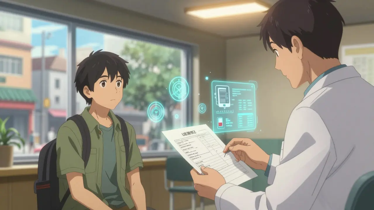 Traveler consulting a doctor in a clinic, holding medical documents with digital health icons hovering nearby.