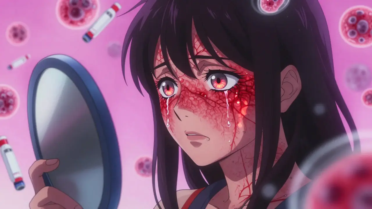 Woman's face with red patches and visible veins, reflecting steroid damage and emotional distress.