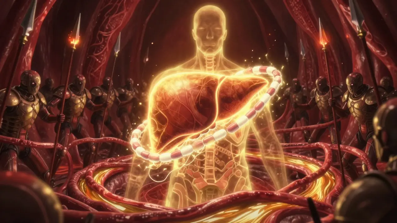 A golden liver protected by a chain of pills, battling immune cells in a surreal internal landscape.