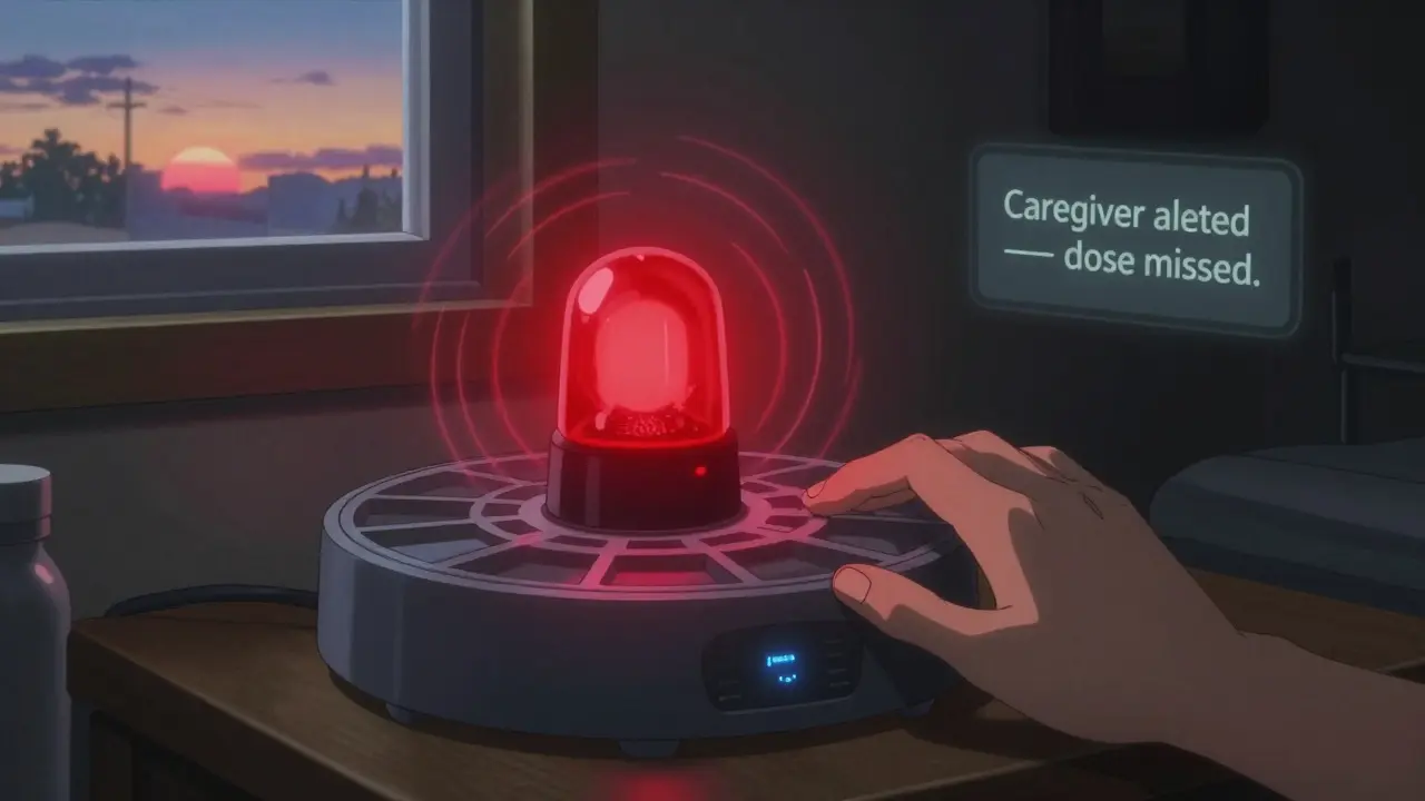 A medical dispenser flashes red alarms and vibrates as a hand reaches for it at dawn.