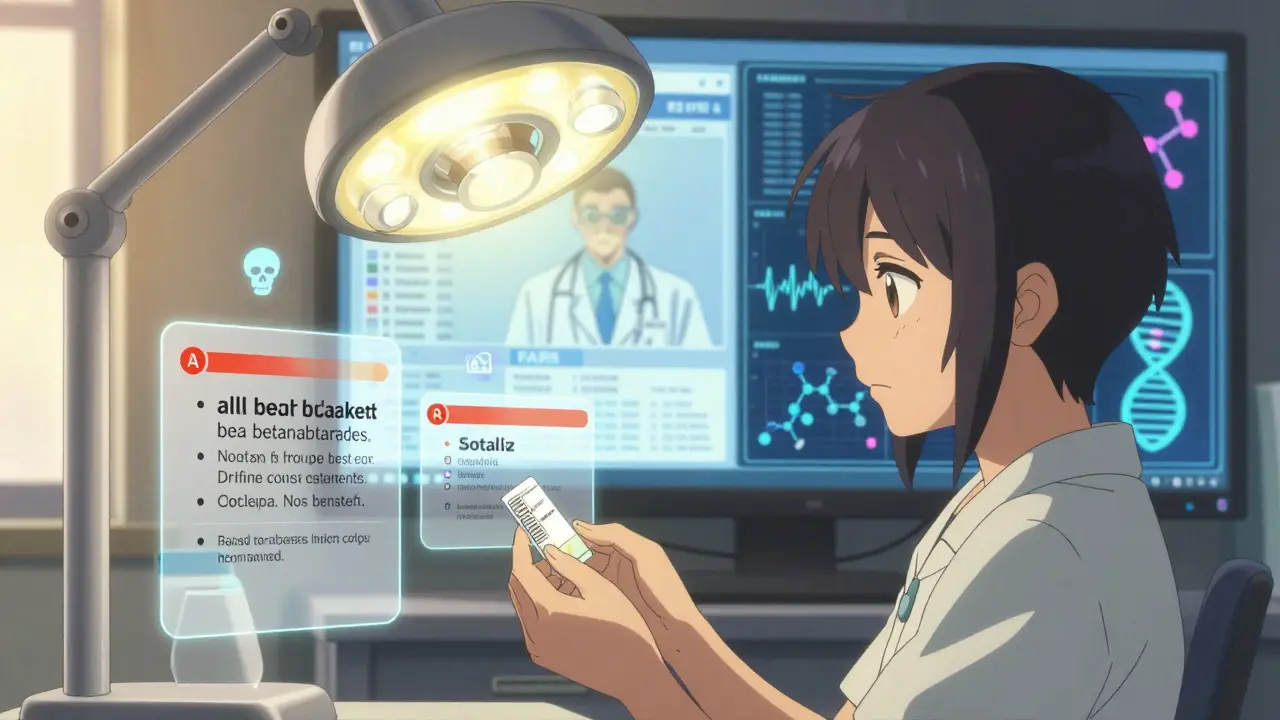 A patient holding a prescription with overlapping class-wide and drug-specific warnings, AI data floating nearby.