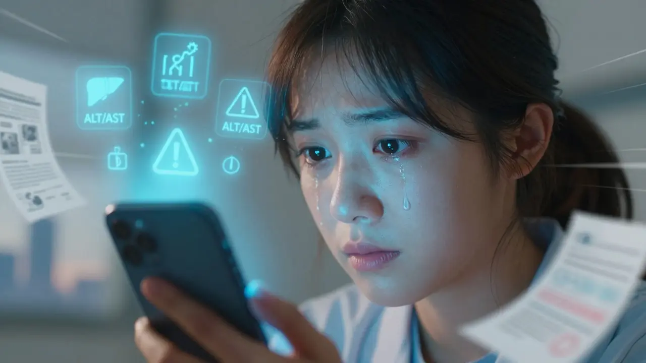 A patient’s face lit by a smartphone alarm, with medical warning symbols glowing around them.