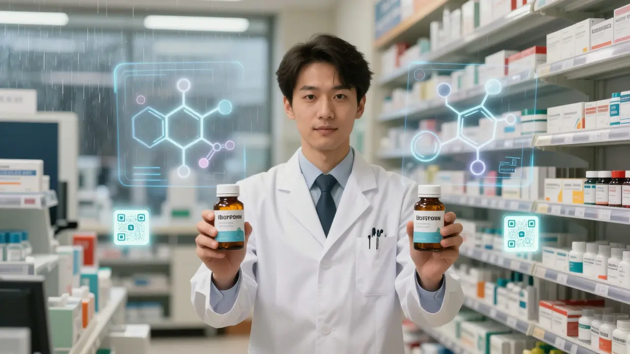 A pharmacist holding store and name brand bottles with holographic chemical structures rotating behind them in a modern pharmacy.
