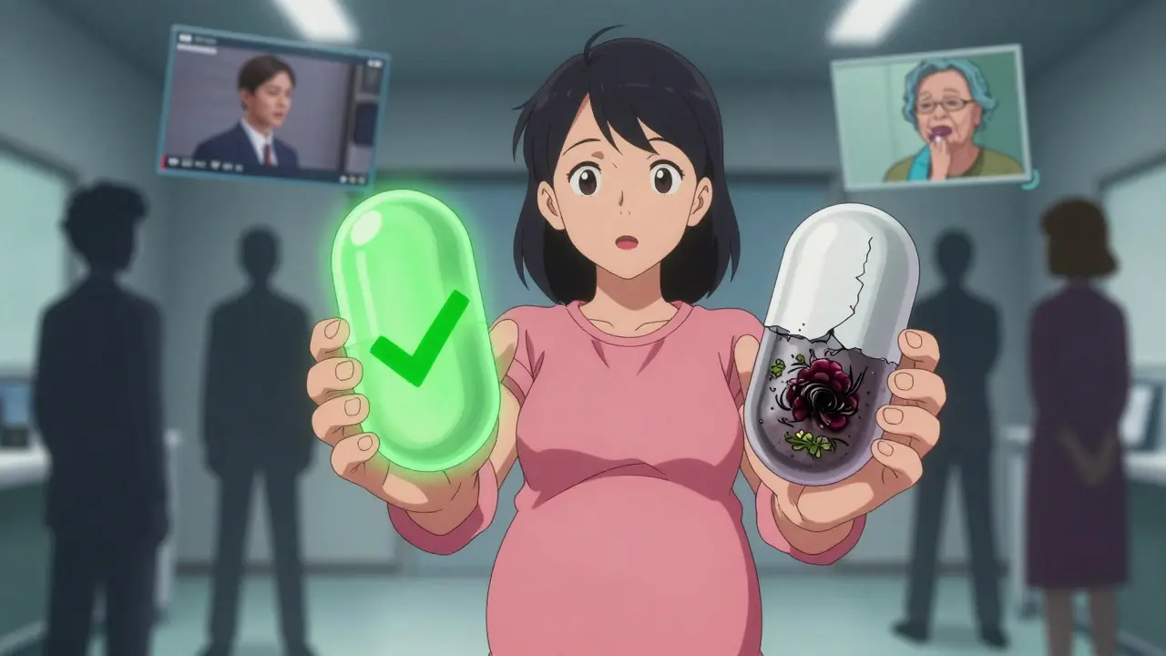 A pregnant woman holding two raspberry leaf capsules — one pure, one contaminated — with digital influences in the background.