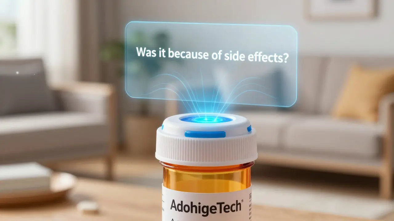 A smart pill bottle cap glows blue, with holographic text asking why a dose was skipped.