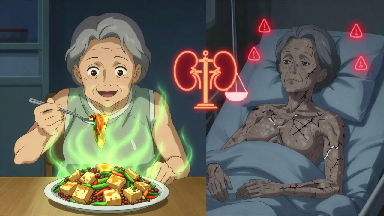 An elderly woman surrounded by glowing energy, contrasting her vibrant health with a frail version of herself.