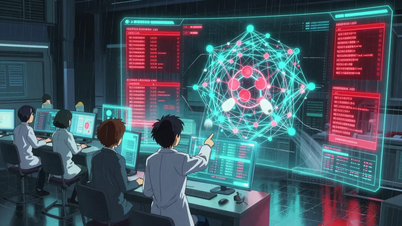 Analysts monitor holographic FDA timelines and patent lattices in a high-tech data hub.