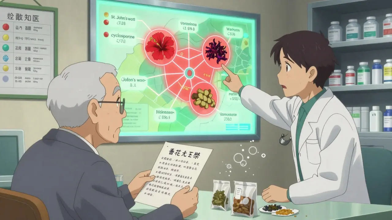 Elderly man showing herbal tea list to pharmacist as interactive drug interaction map glows behind them.