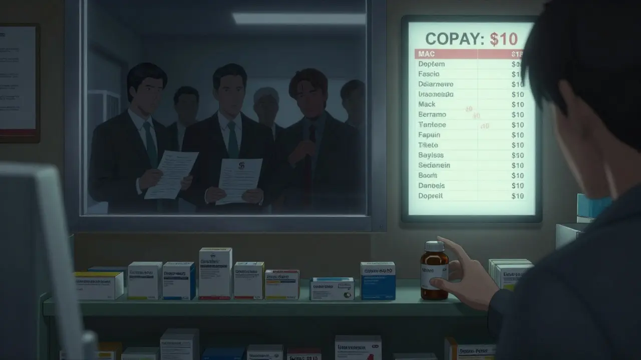 Empty pharmacy shelves at night with a glowing MAC price list, shadowy corporate figures watching outside.