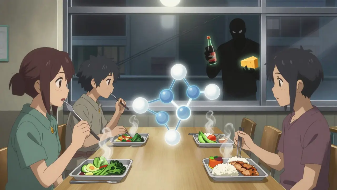 Hospital patients eating safe meals while a molecular diagram shows safe tyramine breakdown.