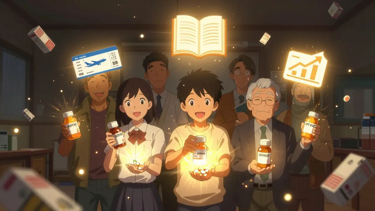 People smiling as store-brand pills transform into savings icons while name-brand boxes fade into dust.