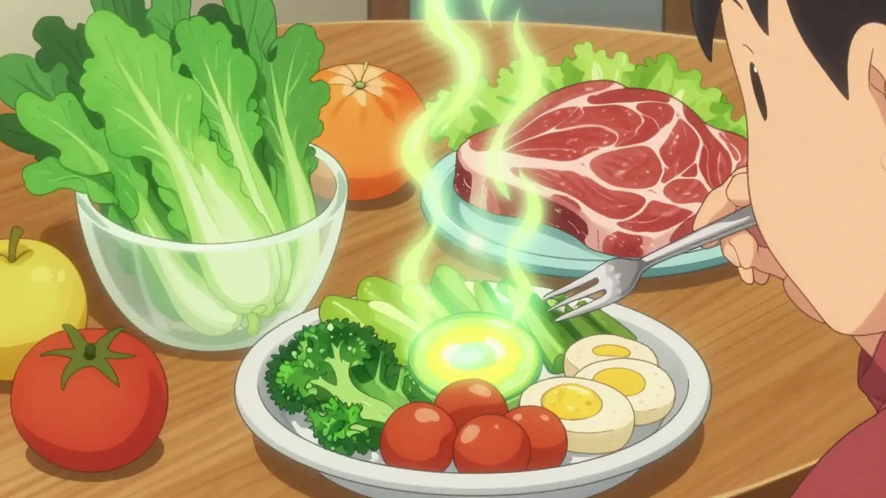 Person eating plant-based meal with acid-reducing scale effect