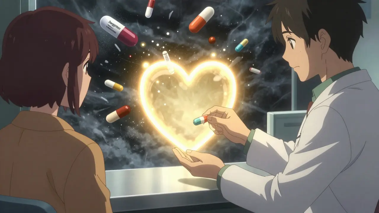 Pharmacist giving a combined heart medication capsule while dangerous drug combinations shatter into dust, replaced by a glowing heart shield.
