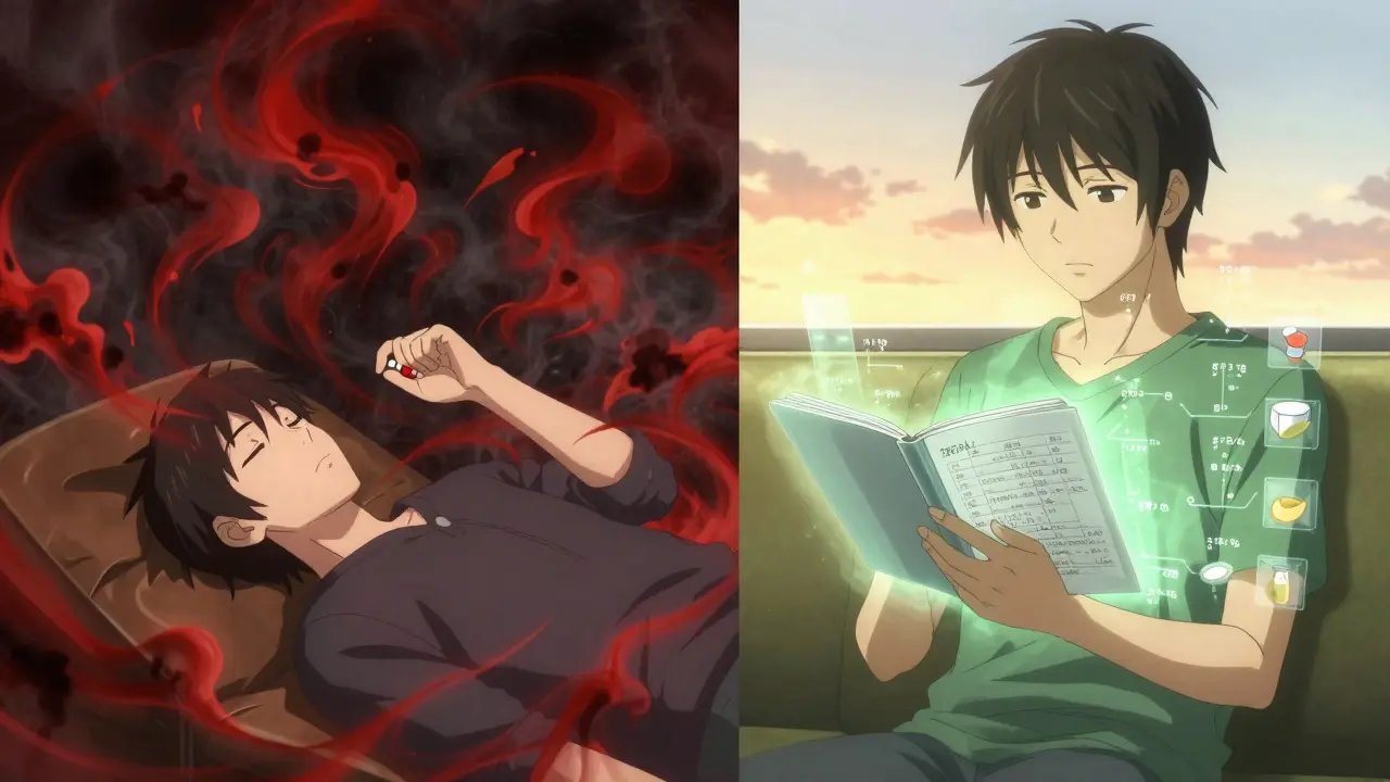 Split scene: one side shows confusion with pills and alcohol, the other shows clarity with a detailed medication log and calming light.