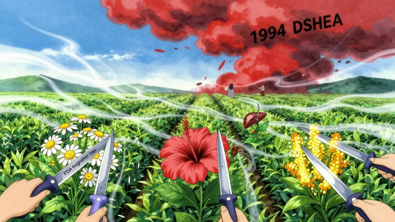 Surreal tea plantation with herbs as sentient beings being cut by symbols of regulatory neglect.