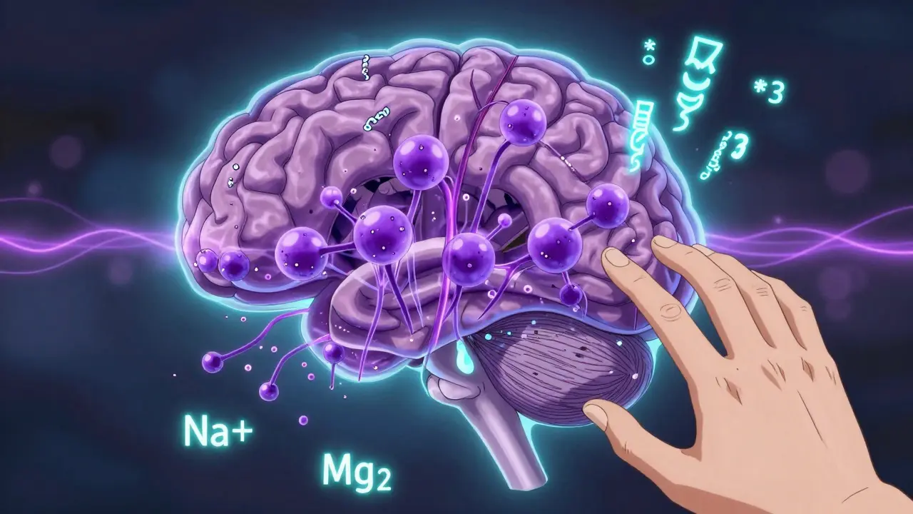 A brain cross-section with uneven tacrolimus flow and genetic markers, highlighting biological variation in drug response.