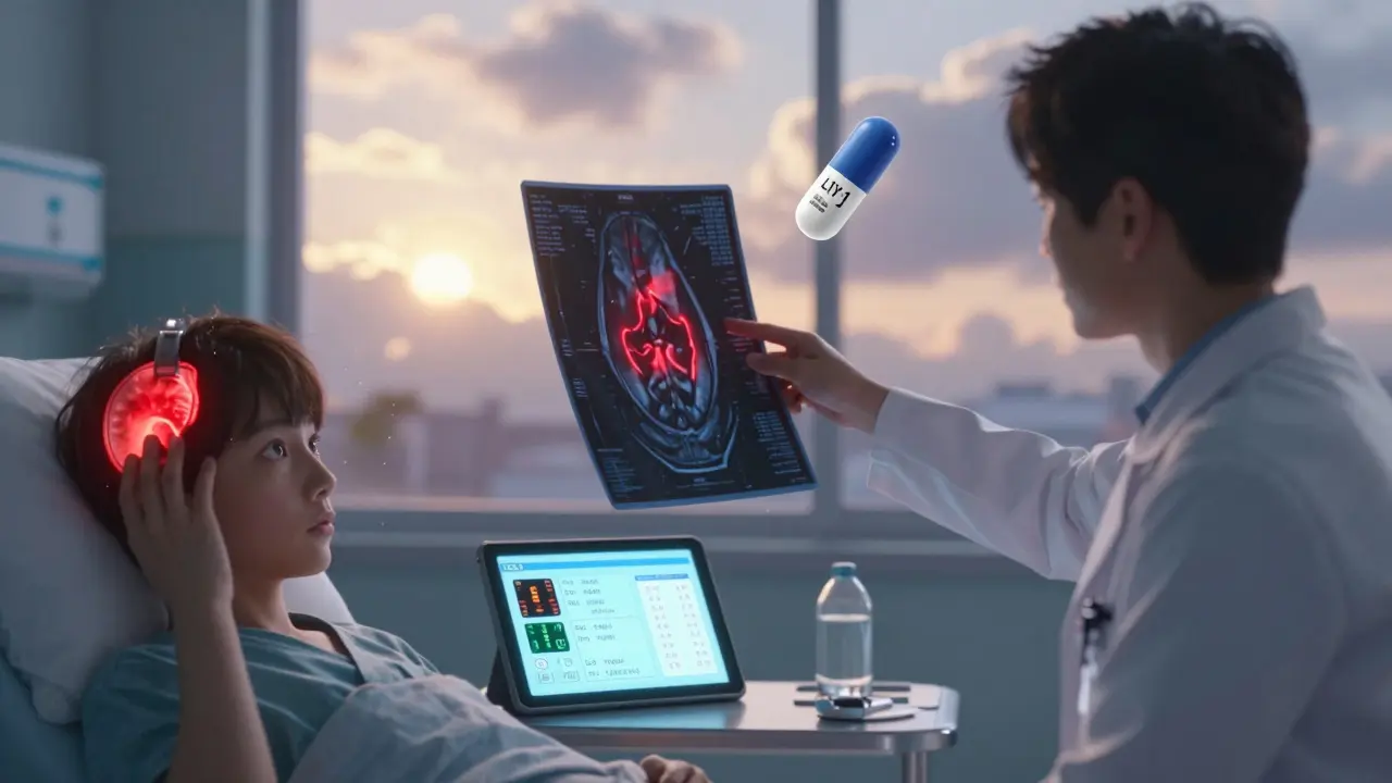 A doctor showing an MRI with brain swelling, while a personalized dosing algorithm and future drug symbol appear in the scene.
