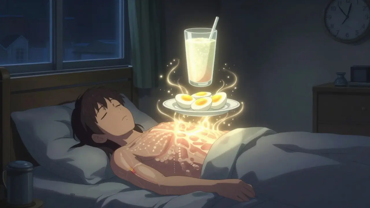 A late-night scene with a glowing protein snack floating above a sleeping patient, restoring muscle tissue.