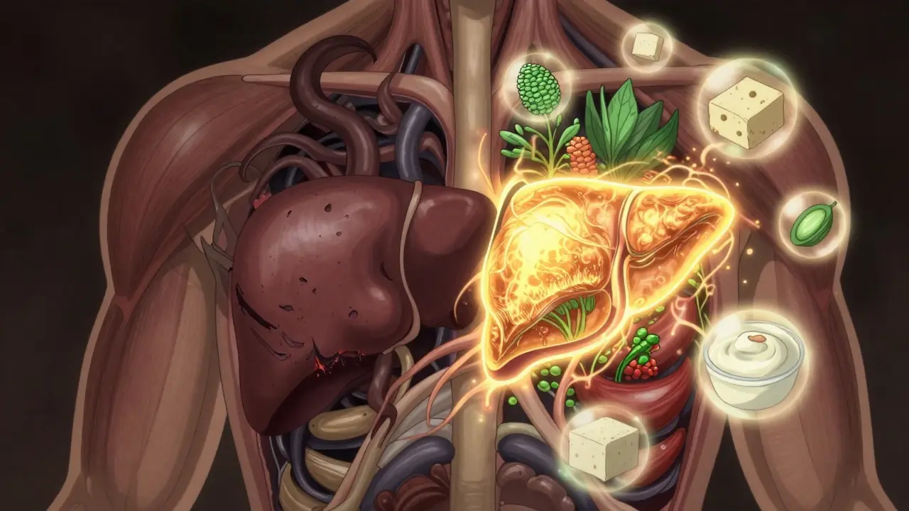 A split liver illustration showing damaged tissue versus healed tissue nourished by floating plant-based proteins.