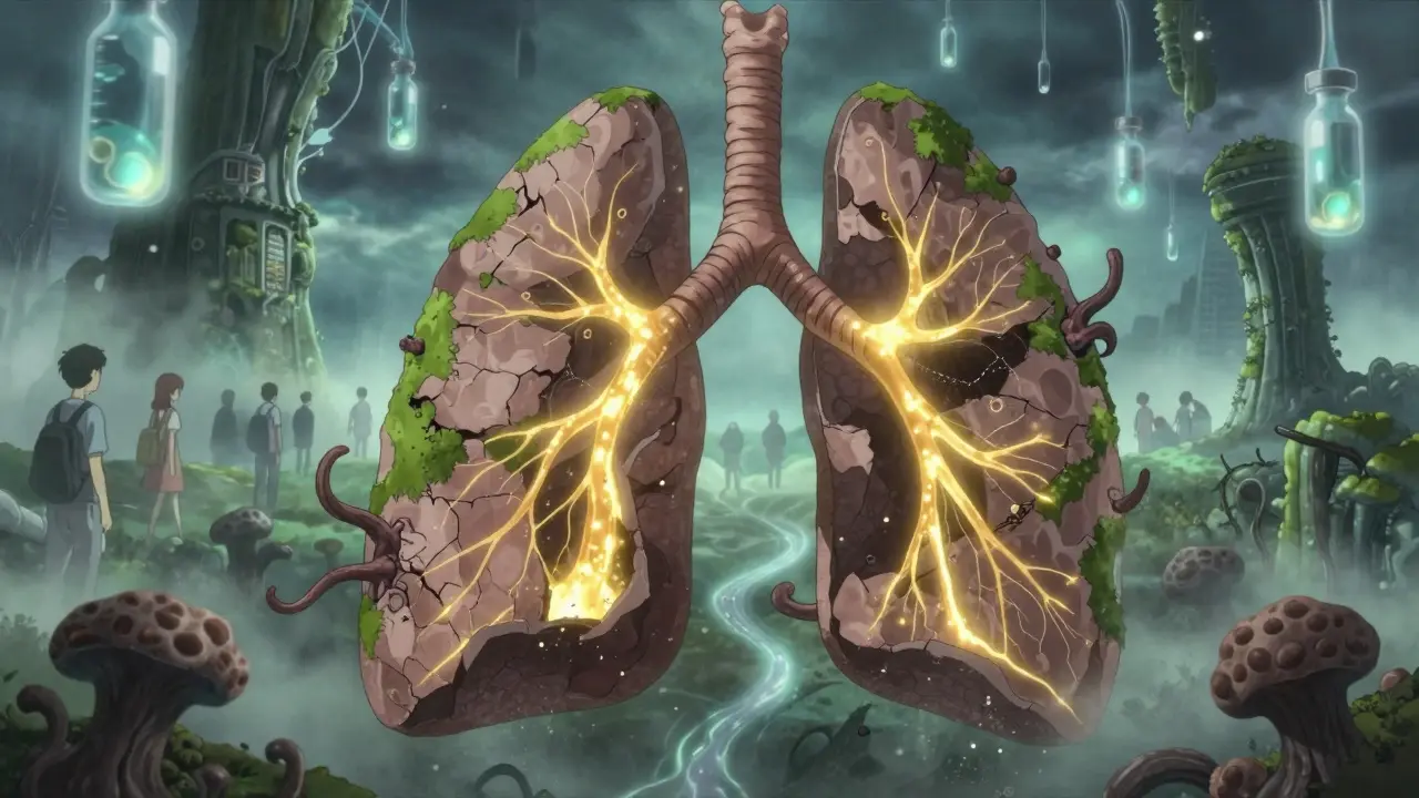 A surreal lung fortress with antibody rivers and shadowy growths, representing chronic infection complications.
