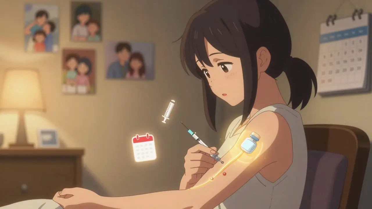A woman giving herself subcutaneous immunoglobulin therapy at home, glowing golden infusion lines visible.