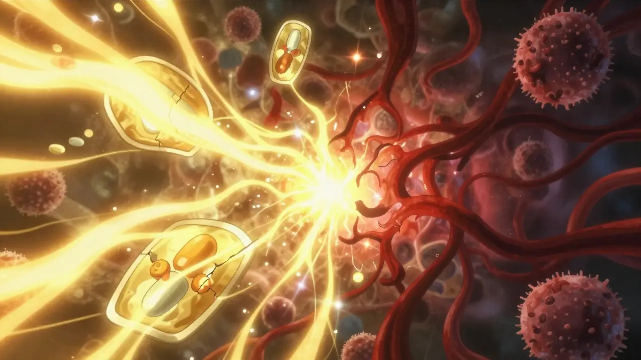 Abstract art showing medicine shields breaking against bacteria