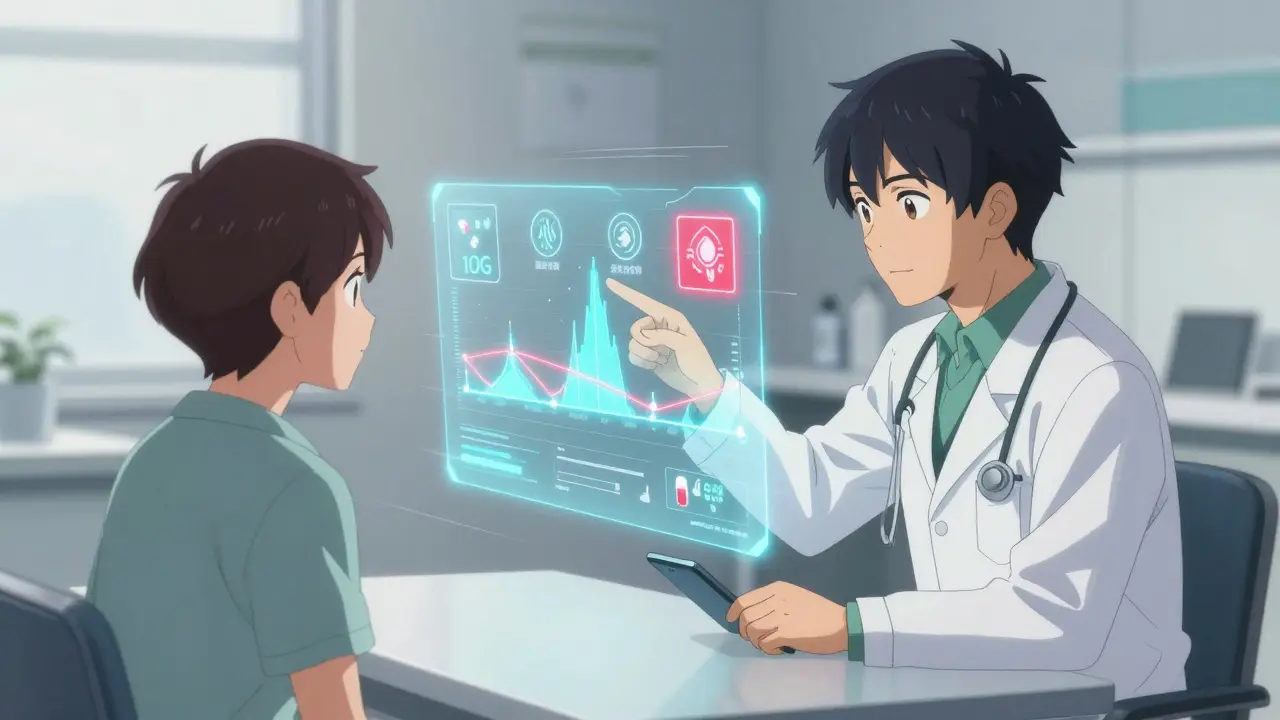 Doctor and patient reviewing a holographic timeline of drug reaction patterns.