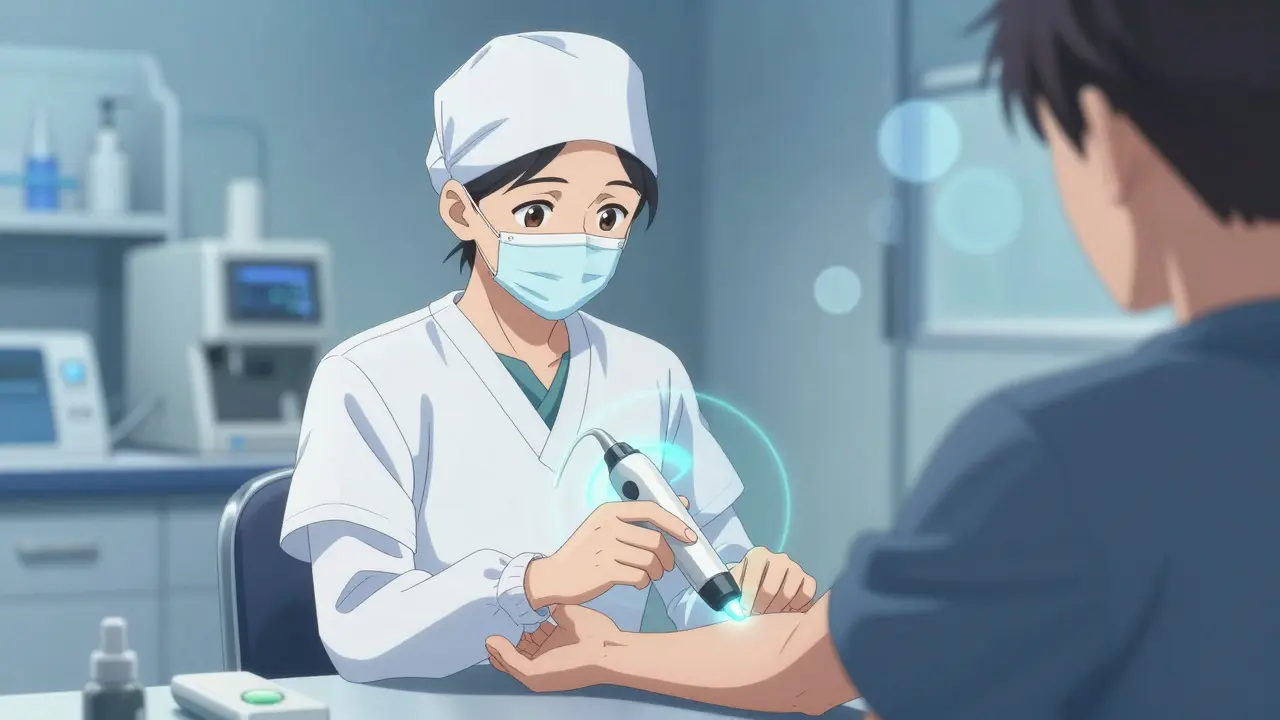 Doctor examining sample in clinical room with cyan lights.