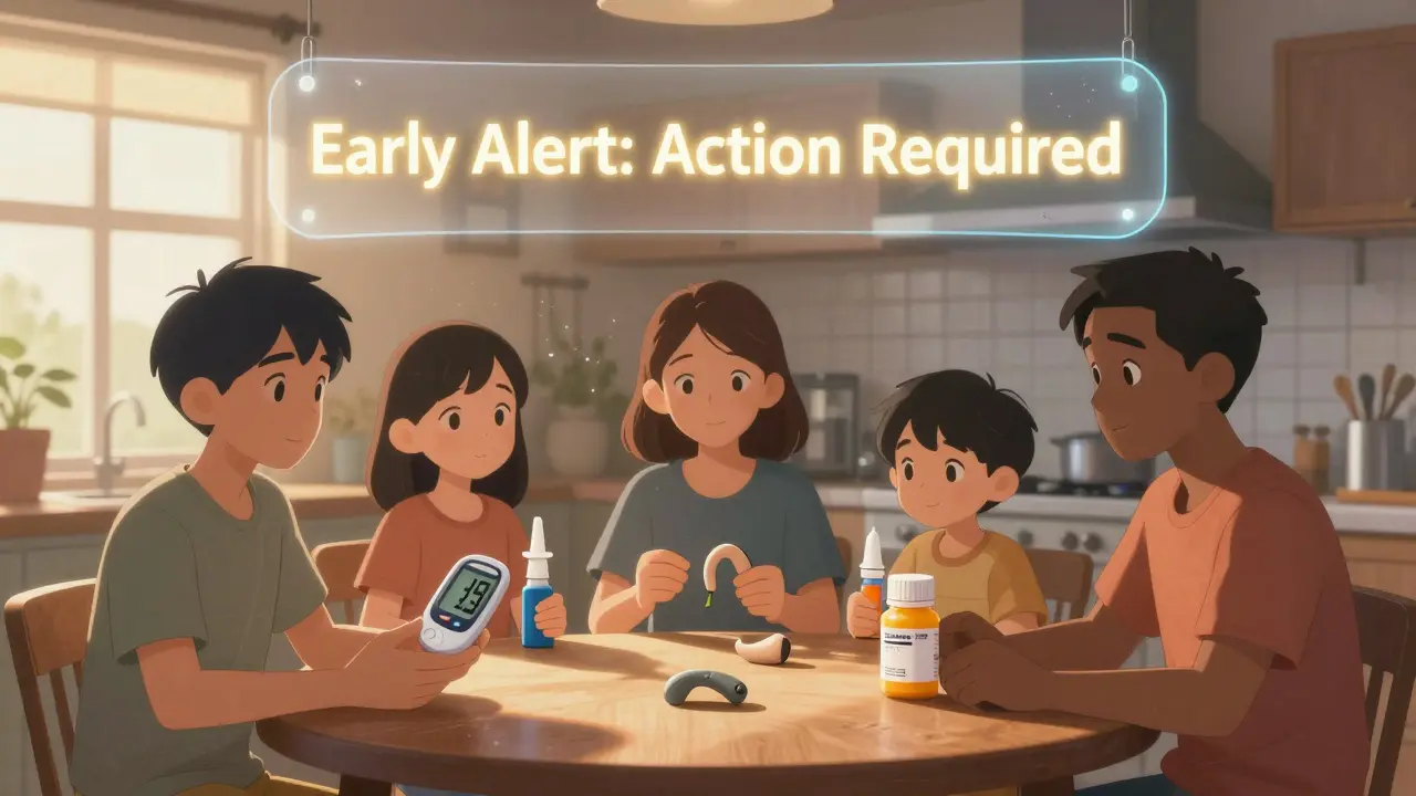 Family at breakfast surrounded by FDA-regulated products, with a glowing safety alert banner above them at dawn.