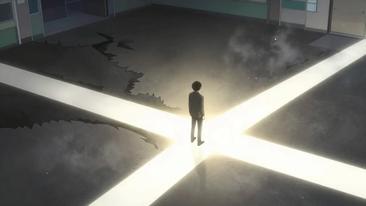 Figure at crossroads of dark and glowing bright pathways.