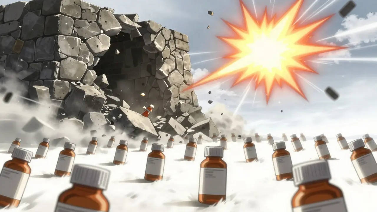 Generic pills rushing out as branded monopoly wall crumbles behind them.