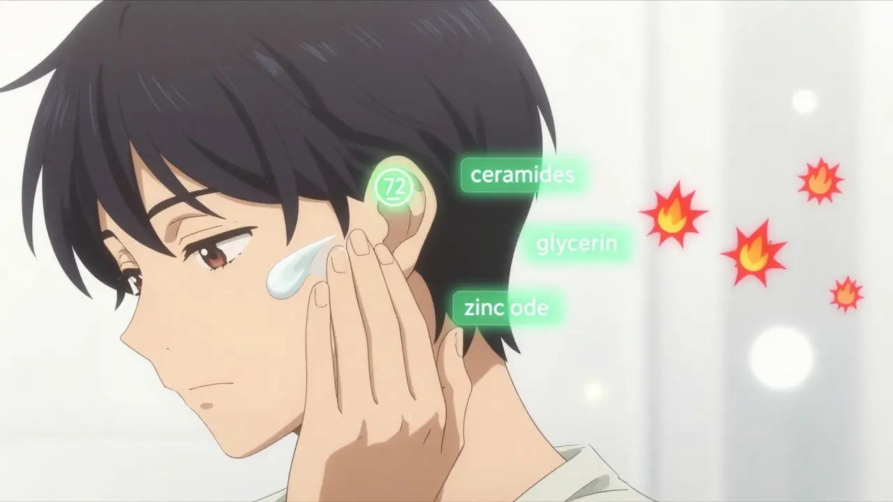 Hand applying moisturizer behind the ear with a glowing 72-hour timer and floating safe ingredients.