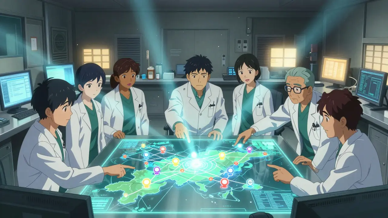 Medical team collaborating over a map in a control room