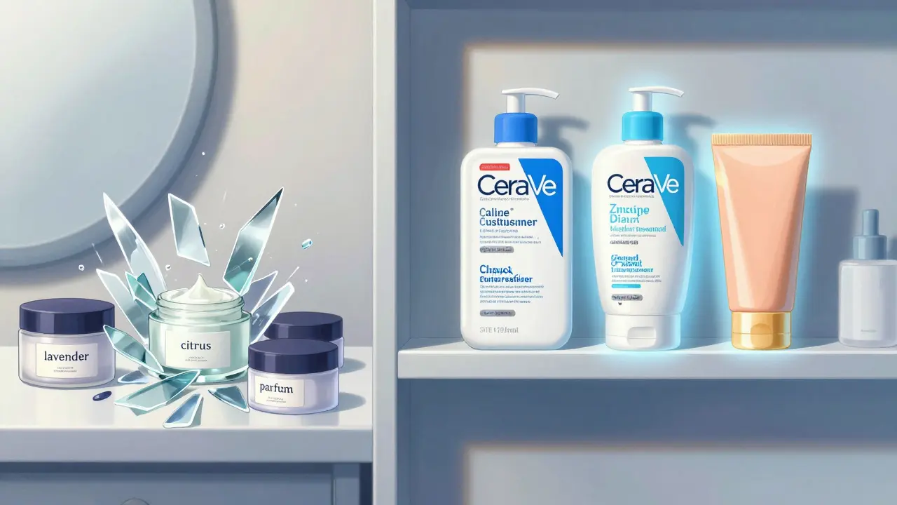 Split scene: scented creams exploding vs. fragrance-free products radiating calm light on healed skin.