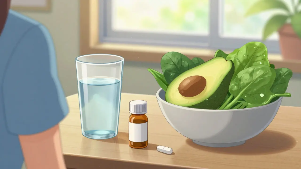 A bright, peaceful scene with healthy foods and medication on a sunlit table.